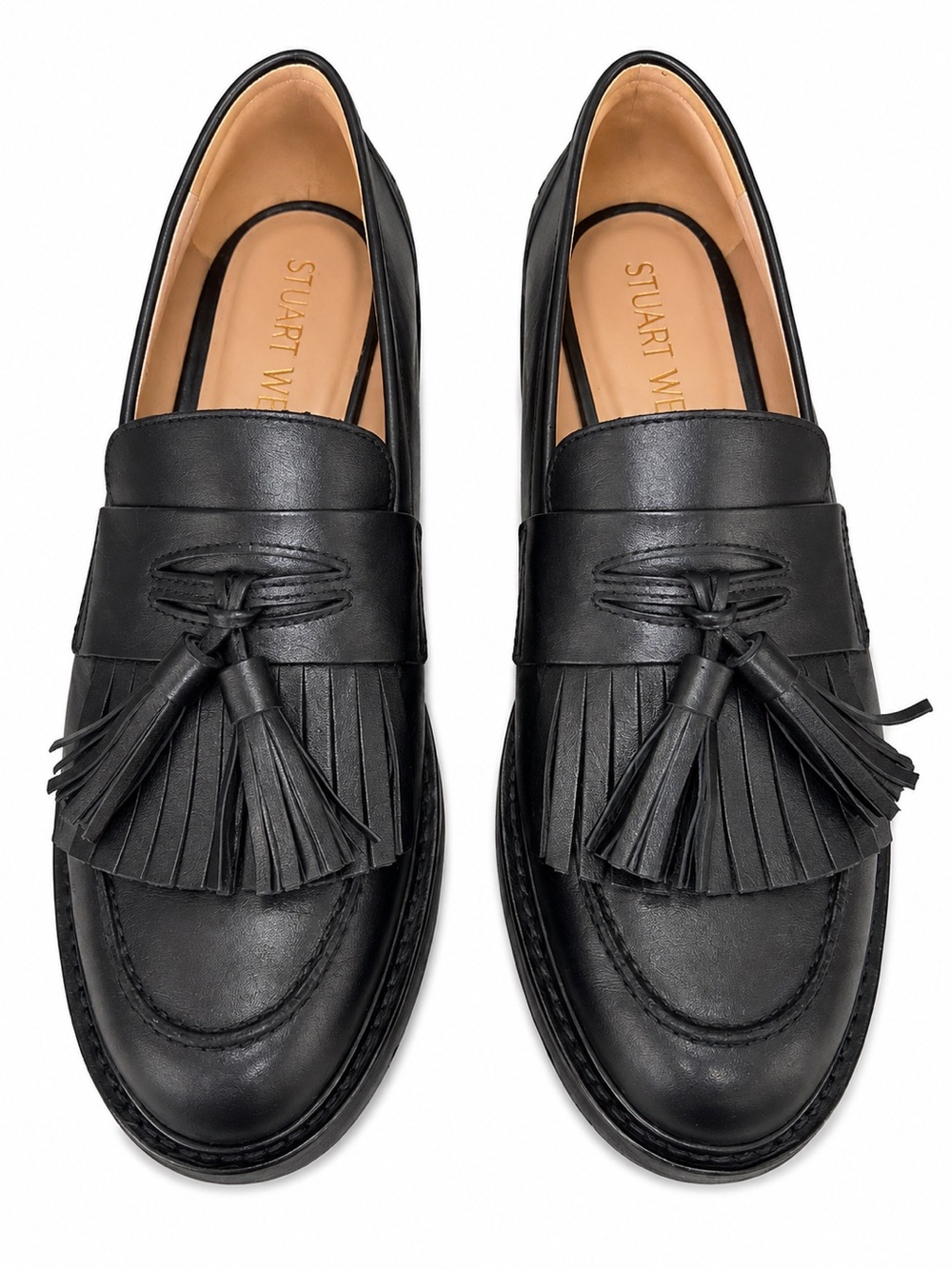 Stuart Weitzman Black Leather Tassel Kiltie Loafers for Women